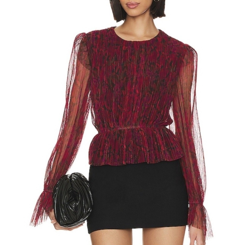 Steve‎ Madden Filippa Plisse Peplum Blouse Womens Medium Mesh Floral Abstract